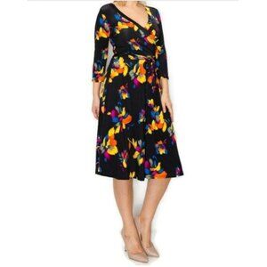 Janette Fashion Abstract Bright Floral Faux Wrap Knee Length Plussize Dress